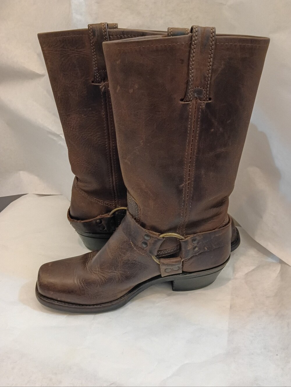 Vtg Frye Womabs Boots Harness Brown Square Toe Black Label 8M Southwest - Picture 2 of 16
